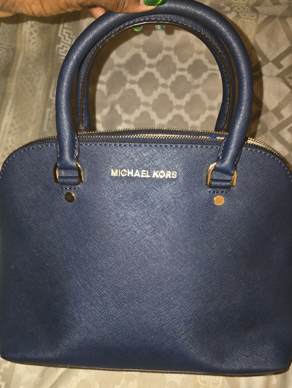 Michael Kors Navy Saffiano Dome Satchel with Gold Hardware